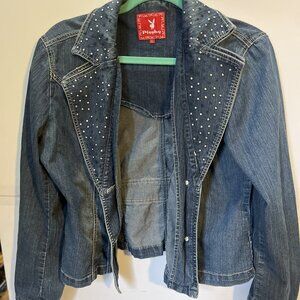 Playboy Platinum Denim Jacket  Rhinestone Bunny Logo  Studded Front  Polka Dot C
